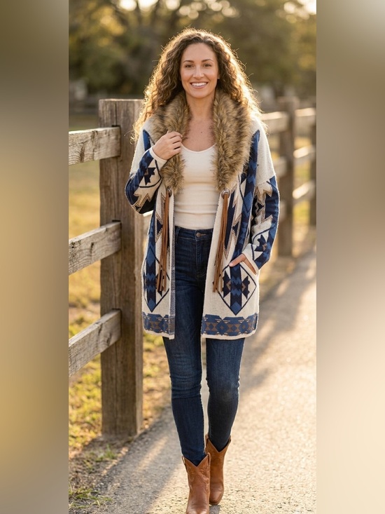 Magnolia Lane Sweaters - Magnolia Lane Aztec Southwest Cardigan Faux Fur Collar Fringe Boho Oversized